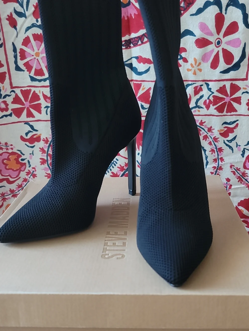 Steve Madden Discreet Black Pointed Knit Stiletto Boots